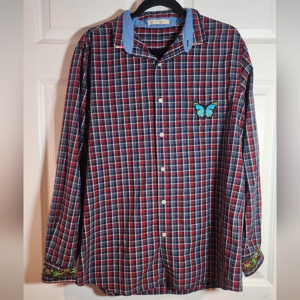 Handmade Blue Red Plaid Elephant Butterfly Embroidered Button Up Shirt